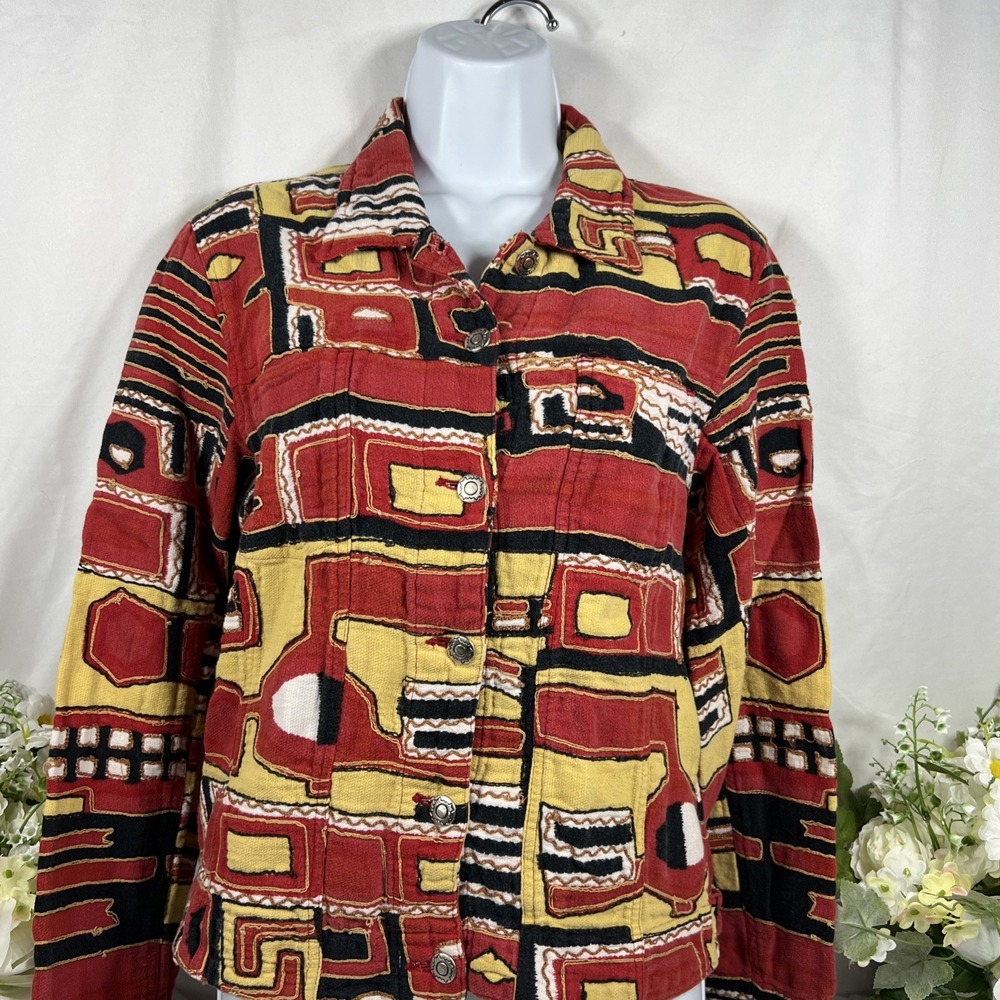 Chico's Vtg ~ Art to Wear ~'Cube Art' Texture C Jean Jacket in Redbay Size 1